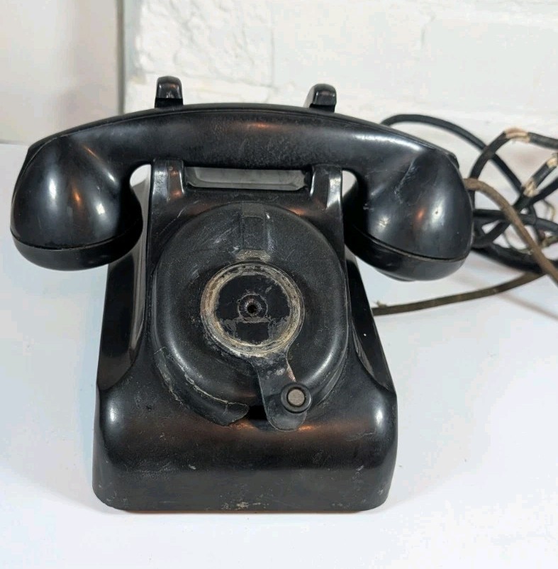 Antique Black Bakelite Rotary Desk Telephone Cloth Cord 1930s 1940s Parts Repair