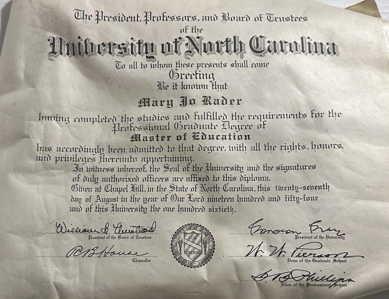 Vtg 1954 University of North Carolina UNC Chapel Hill Master Education Diploma
