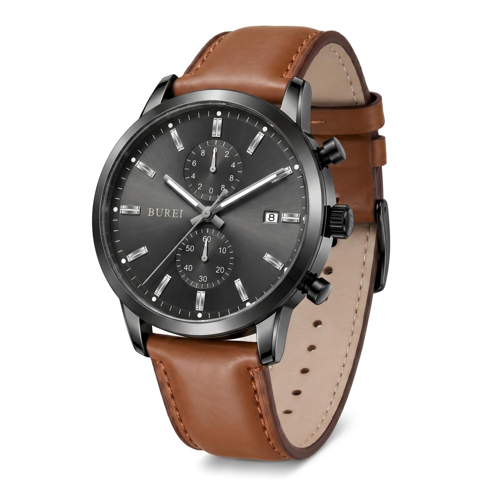 BUREI Men\'s Leather Watches Chronograph Quartz Watches for Men Classic Cool L...