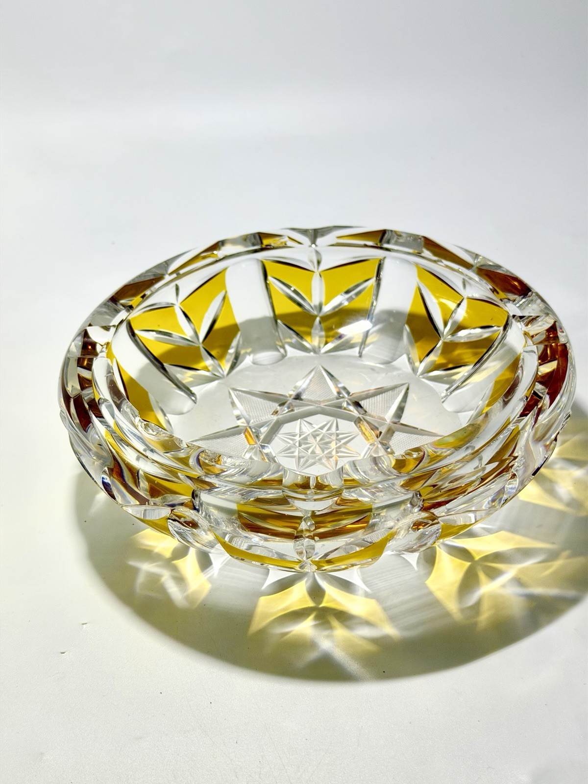 1960s Bohemian Amber Cut to Clear Crystal Ashtray Deep Cut Starburst Heavy 7”