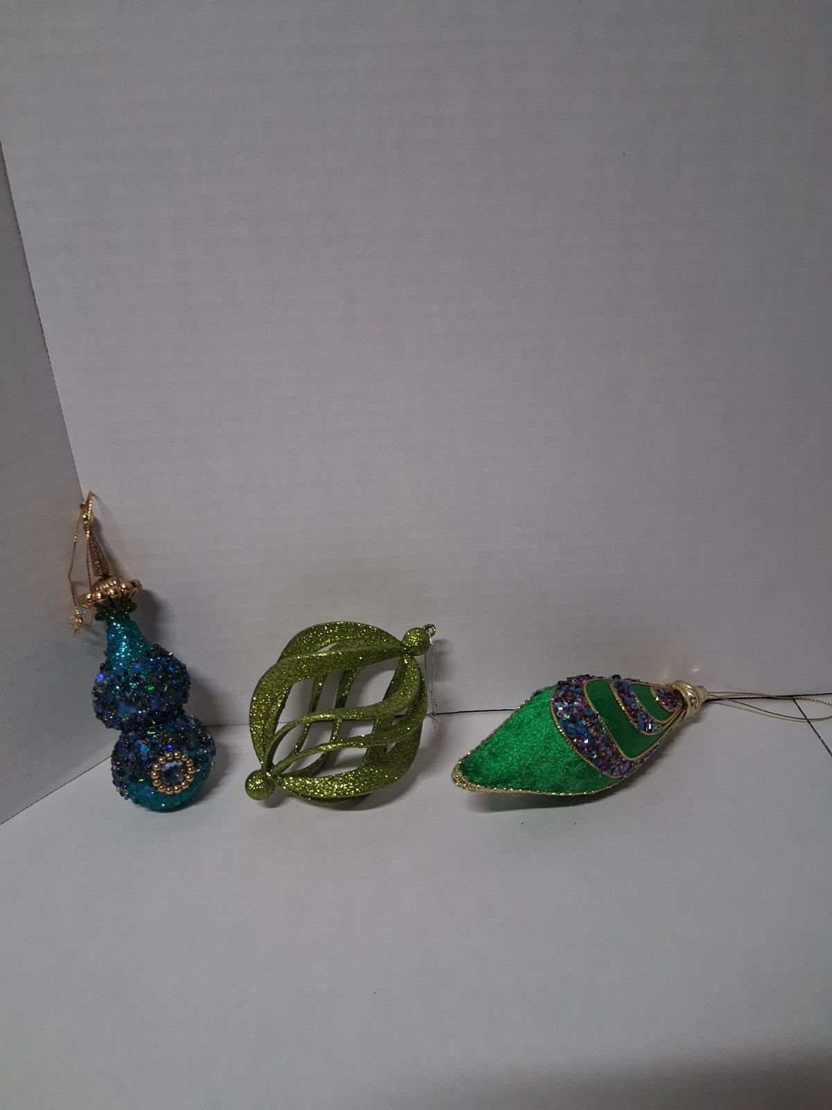 Lot Of 3 Jewel Tone Peacock Christmas Ornaments- Finia, Teardrop & Glitter Cage