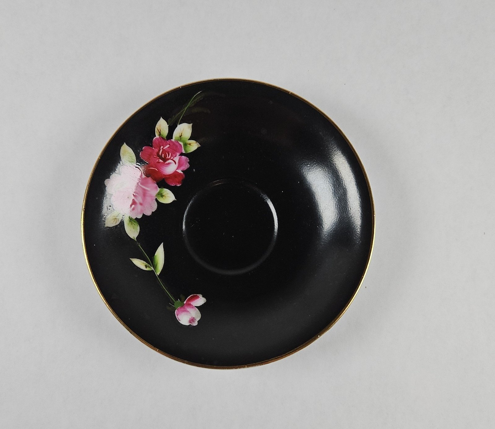 Vintage Chugai China Demitasse Saucer Only Black Pink Rose Occupied Japan 4.75
