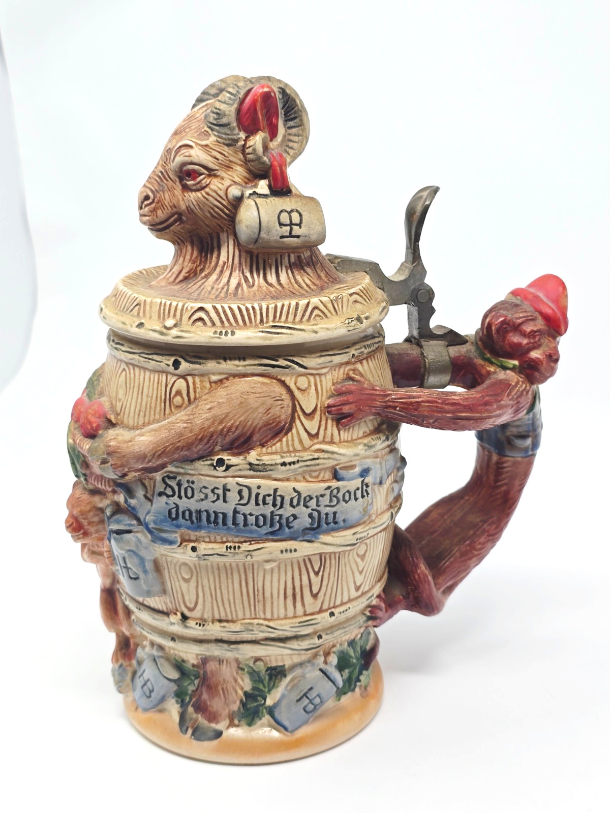 Ram Head Bock & Monkey #1283 JW Remy Beer Stein Germany RARE - Flaw Read