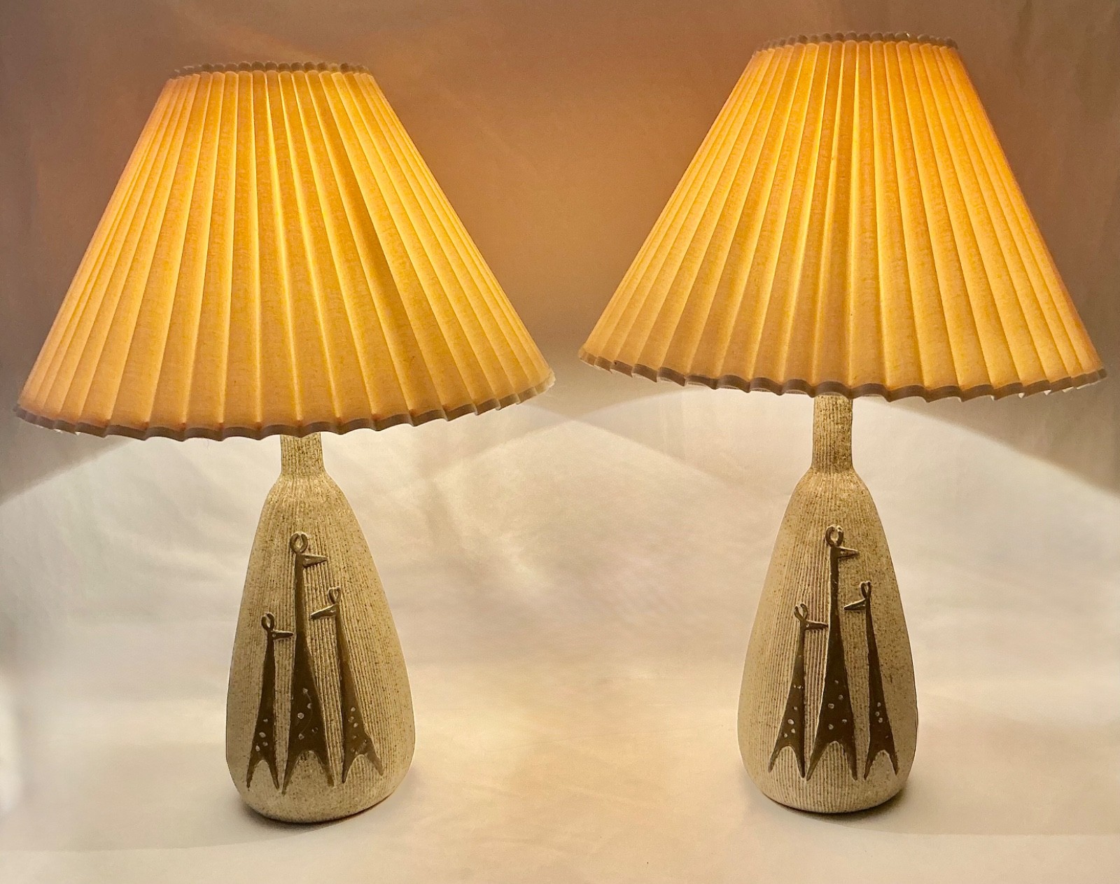 Pair 1950s Matching Textured Ceramic Table Lamps with Giraffes & Pleated Shades