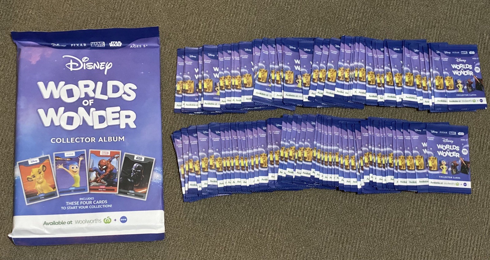 UNOPENED Album + 100 packs Woolworths Disney 2024 WORLDS OF WONDERS TRADING CARD