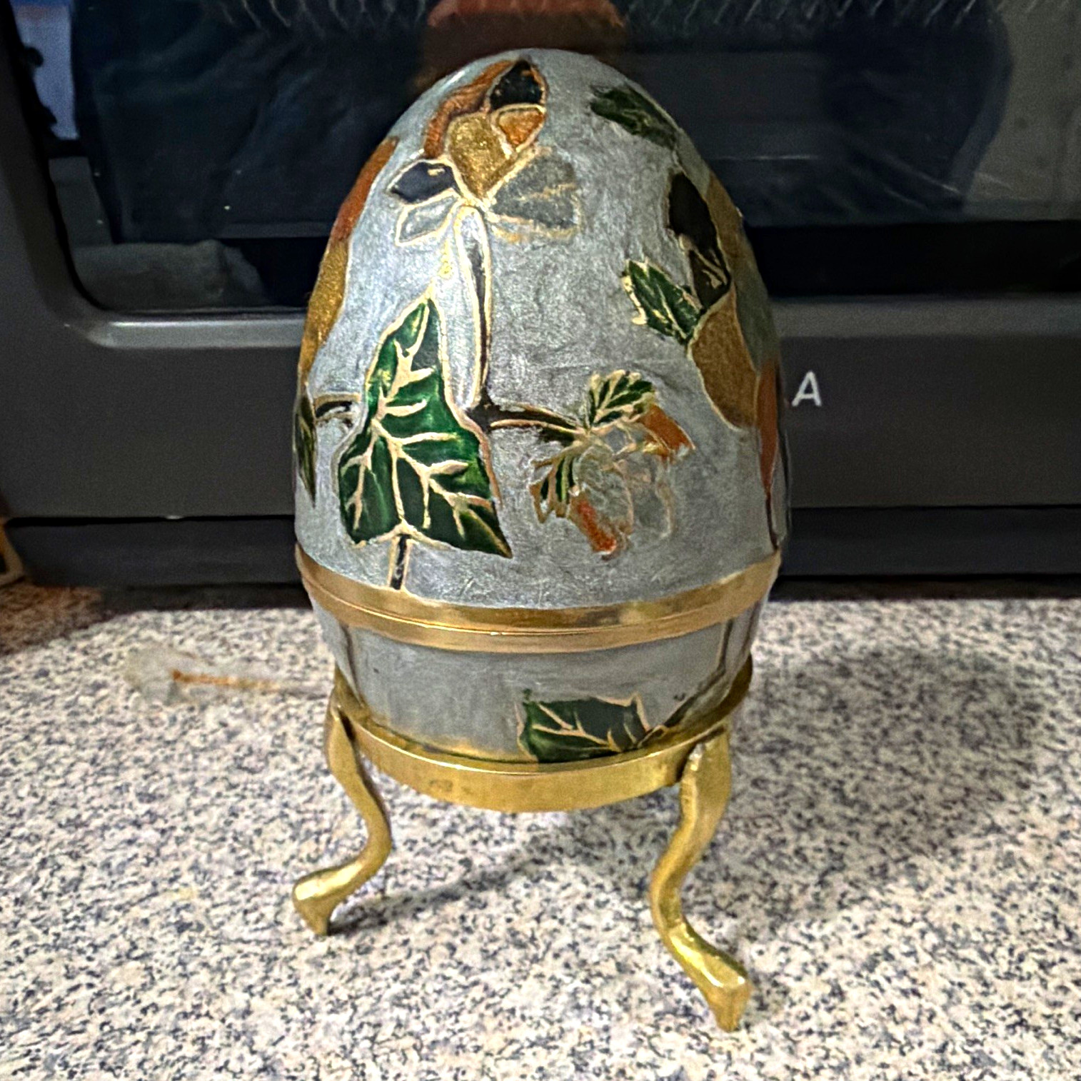 Decorative Floral Enamel Egg Trinket Box w/ Brass Stand, Silver Plated Interior