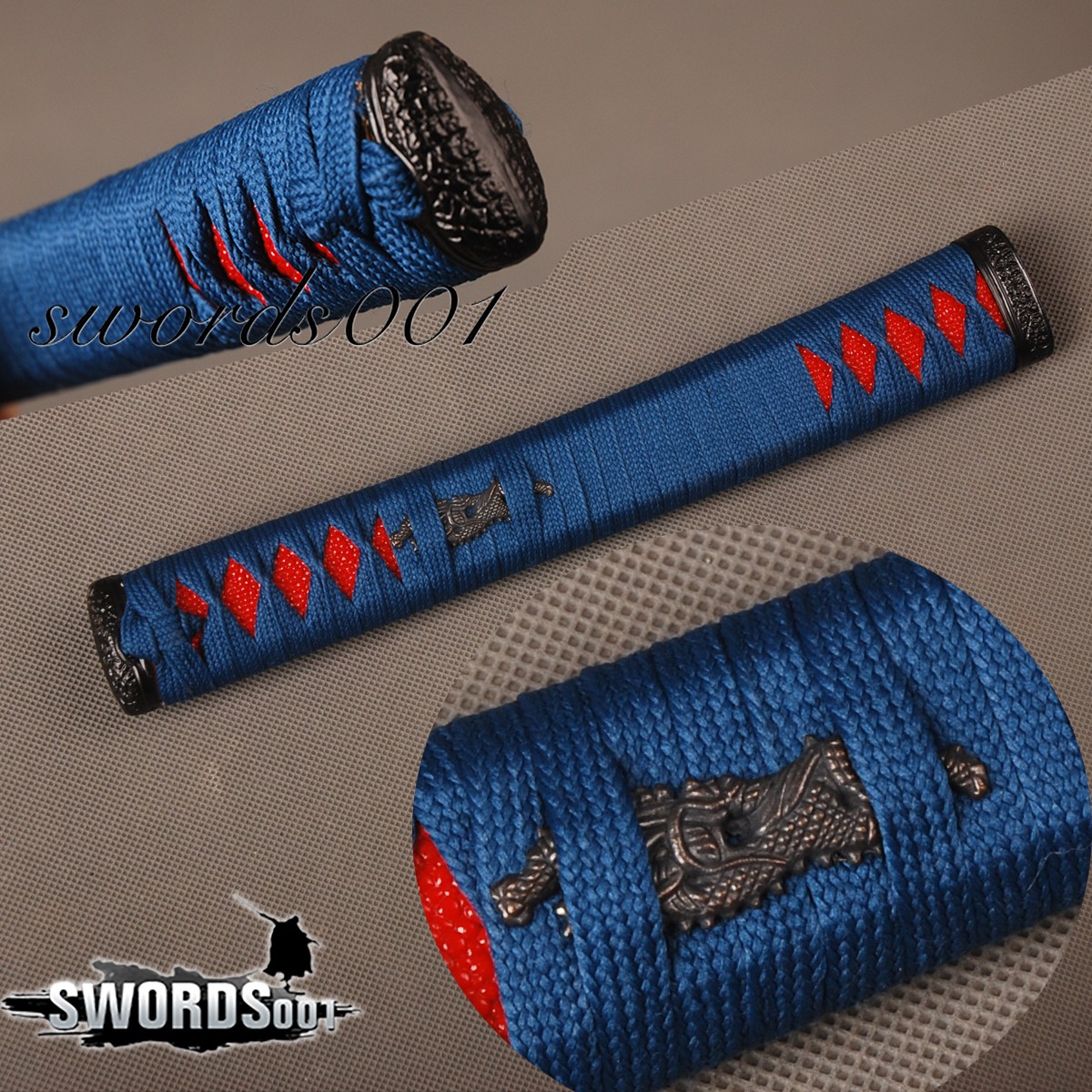 Red Imitated Rayskin Blue Ito Tsuka Alloy Menuki Kashira Handle For Katana Sword Red Imitated Rayskin Blue Ito Tsuka Alloy Menuki Kashira Handle For Katana Sword