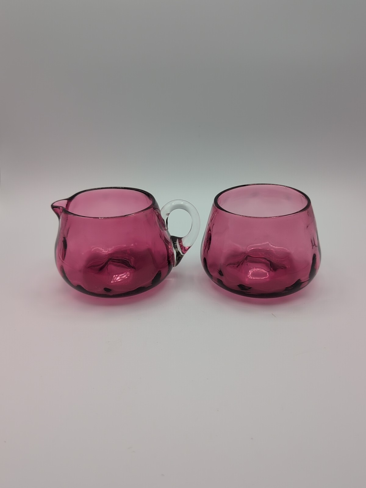PILGRIM-Hand Blown Cranberry Glass Creamer & Sugar Bowl EUC Beautiful Signed