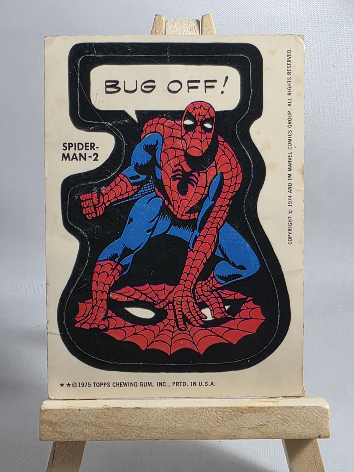 1975 Topps Marvel Comic Book Heroes Sticker Spiderman -2 Bug Off Variant 2 ** 1975 Topps Marvel Comic Book Heroes Sticker Spiderman -2 Bug Off Variant 2 **
