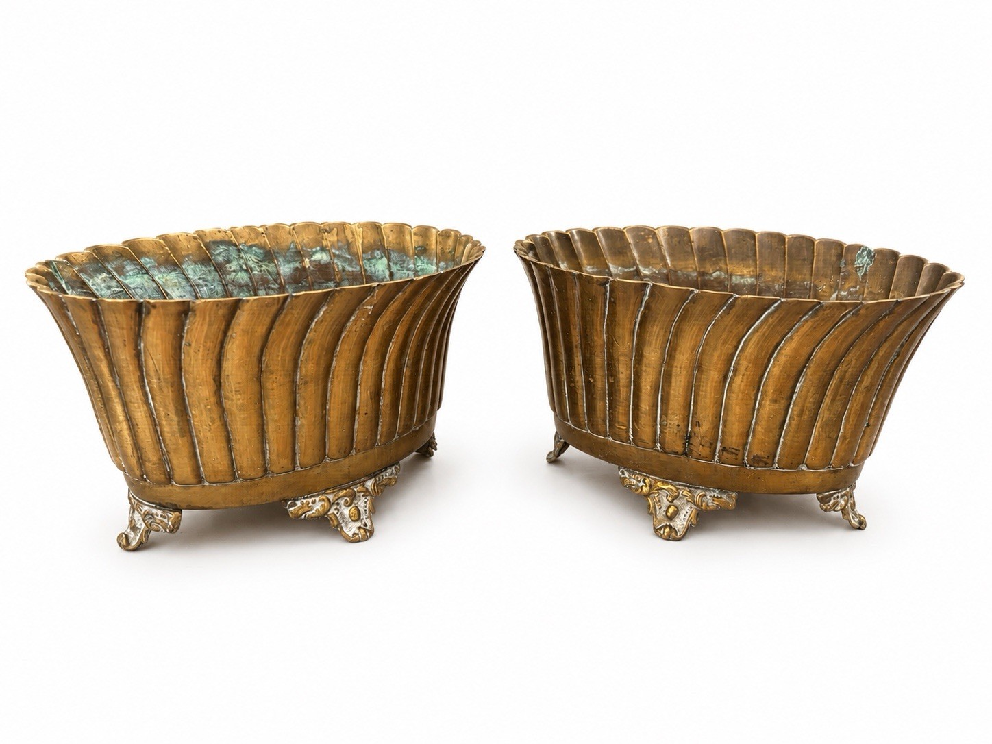 Pair Vintage Art Nouveau Footed Oval Solid Brass Cachepot Planter Pots