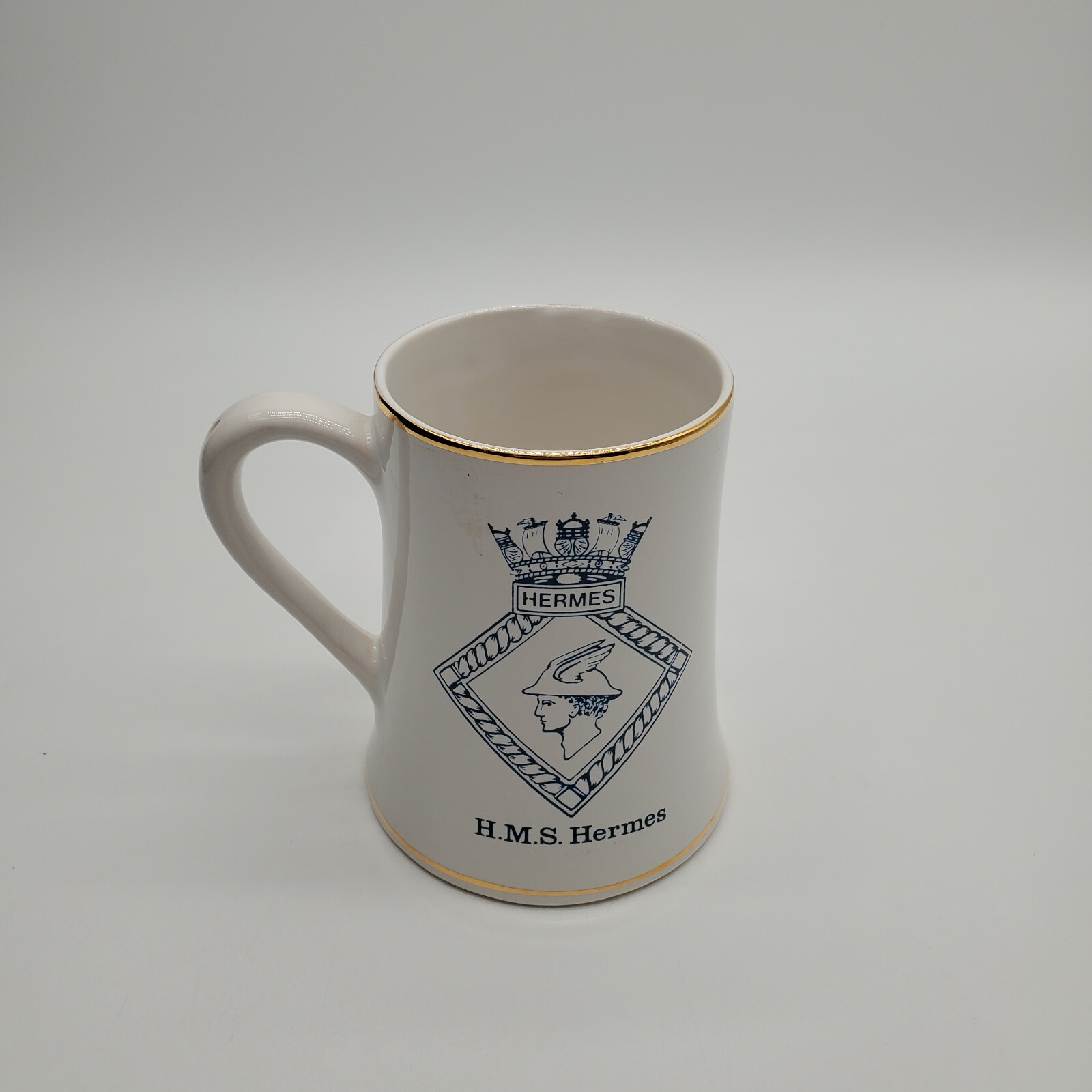 Vintage Rare English HMS Hermes Royal Navy Ceramic Tankard with Gold Trim