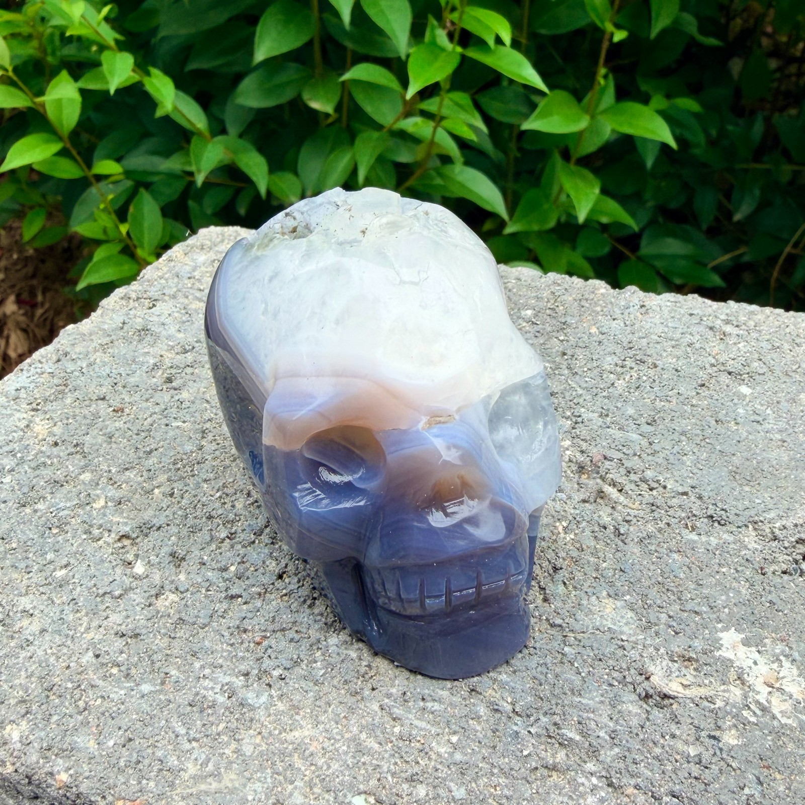 328g Amethyst agate crystal cave skull, Rare hand carved skull specimen
