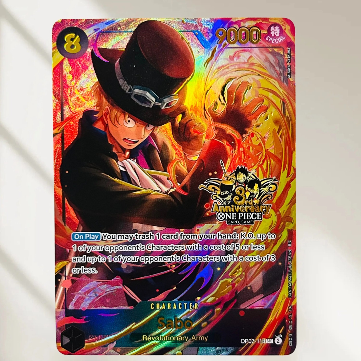 One Piece Sabo OP07-118 Anniversary Holographic Collectible Card