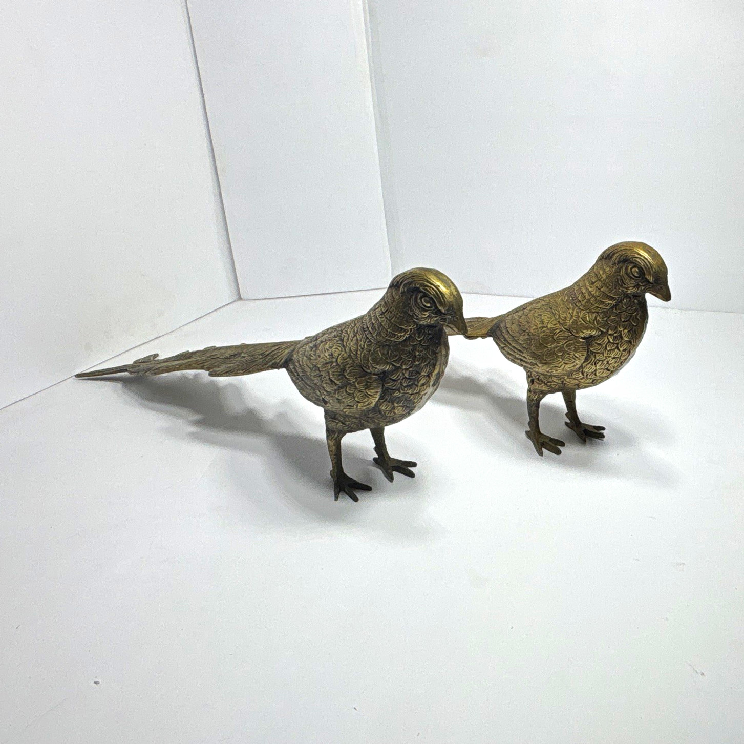 Pair of Metal Brass Quail Bird Figurines Decorative Collectibles Long Tails