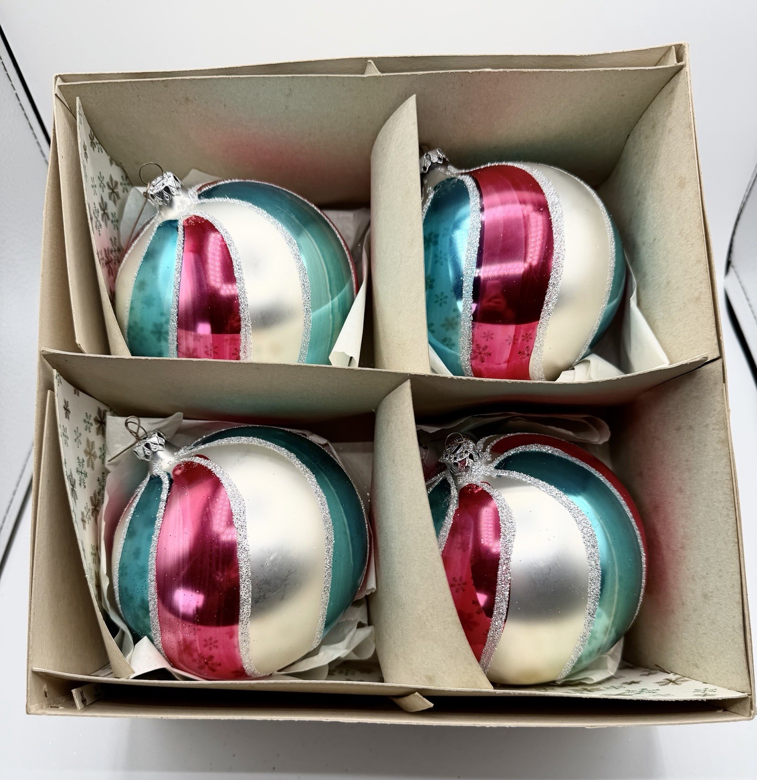 Vtg West German 4” Jumbo Glass Christmas Ornaments Striped Pink Teal Set 4 W Box