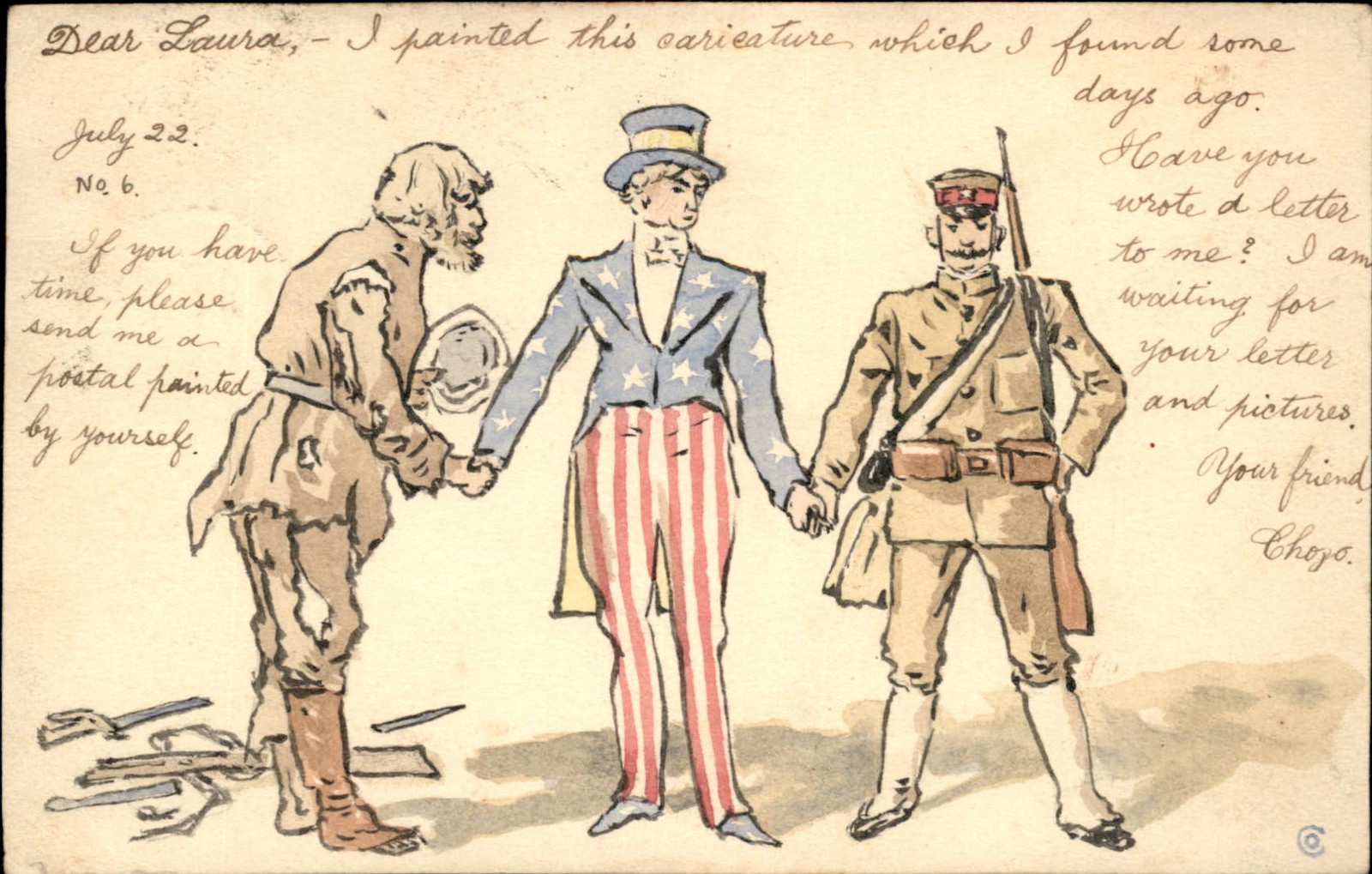 Handmade Patriotic Uncle Sam Japanese Soldier MAILED FROM JAPAN c1905 bhn