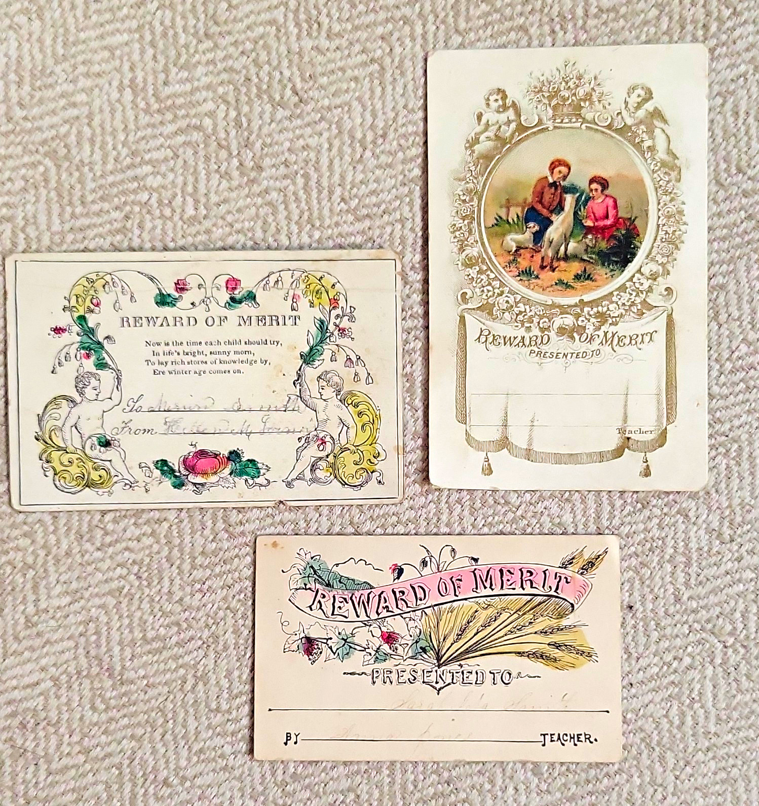 Lot of 3 Antique Reward of Merit Presented To School Cards, Elementary & HS