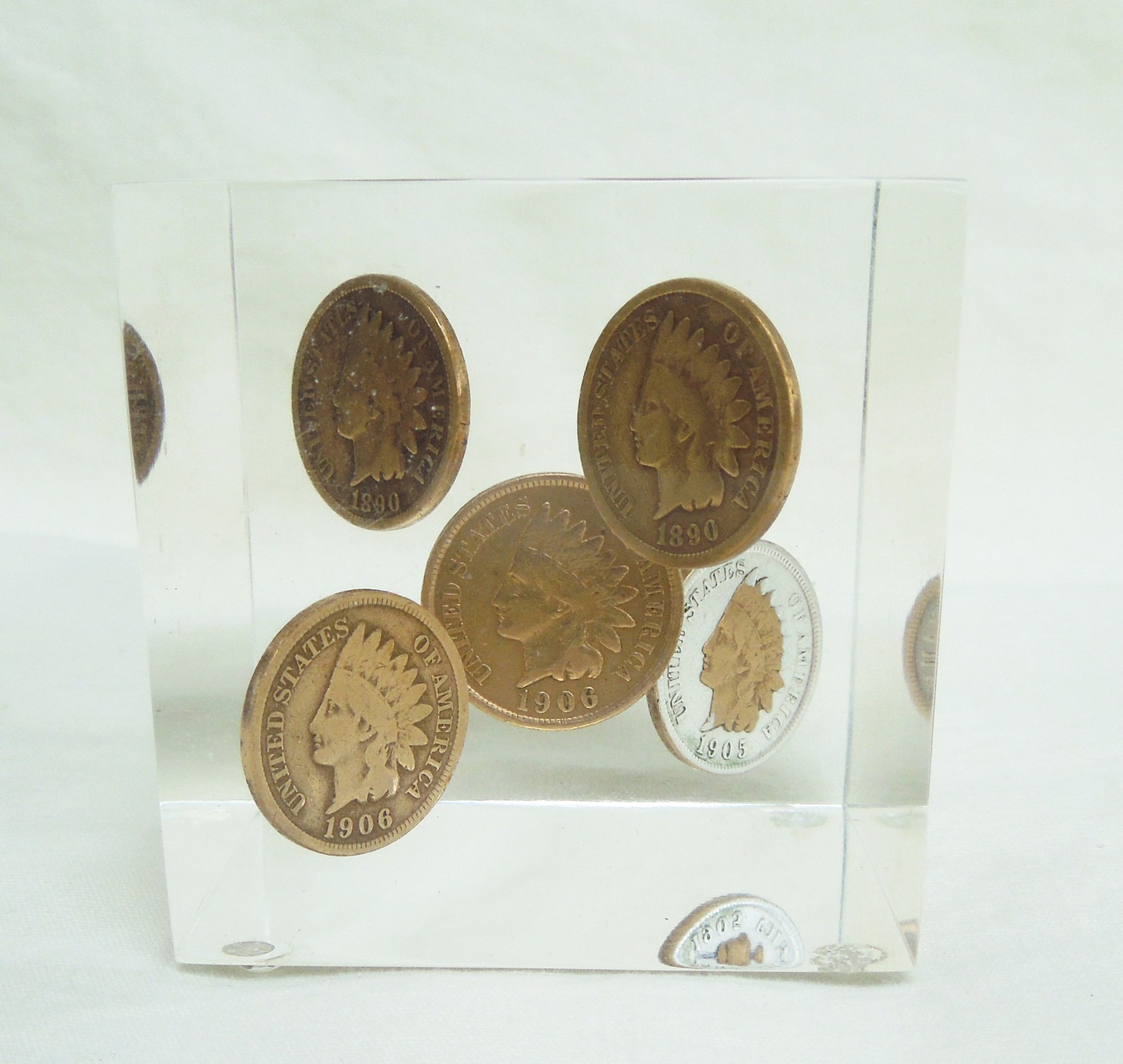 Lucite 2-inch Cube of Indian Head Pennies