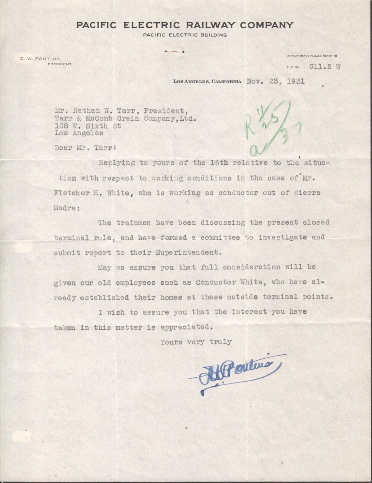 1931 L.A. Pacific Electric Company President SIGNED D.W.Pontius Letter Document