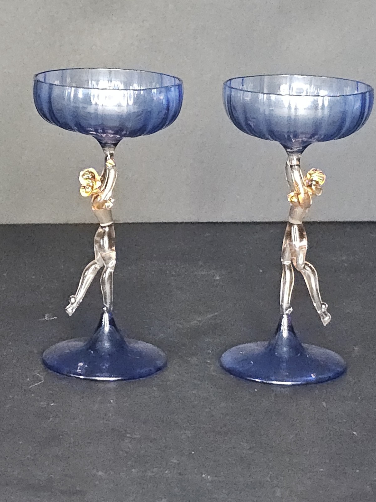 Vintage Bimini Style Art Deco Figural Nude Lady Stem Cordial Glasses Pair Cobalt