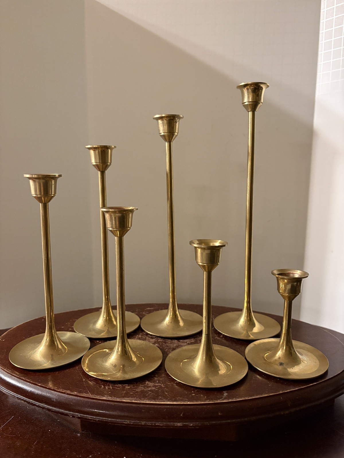 Vintage MCM Graduated Brass Candlestick Holders Set 7 Tulip Taper Mid Century