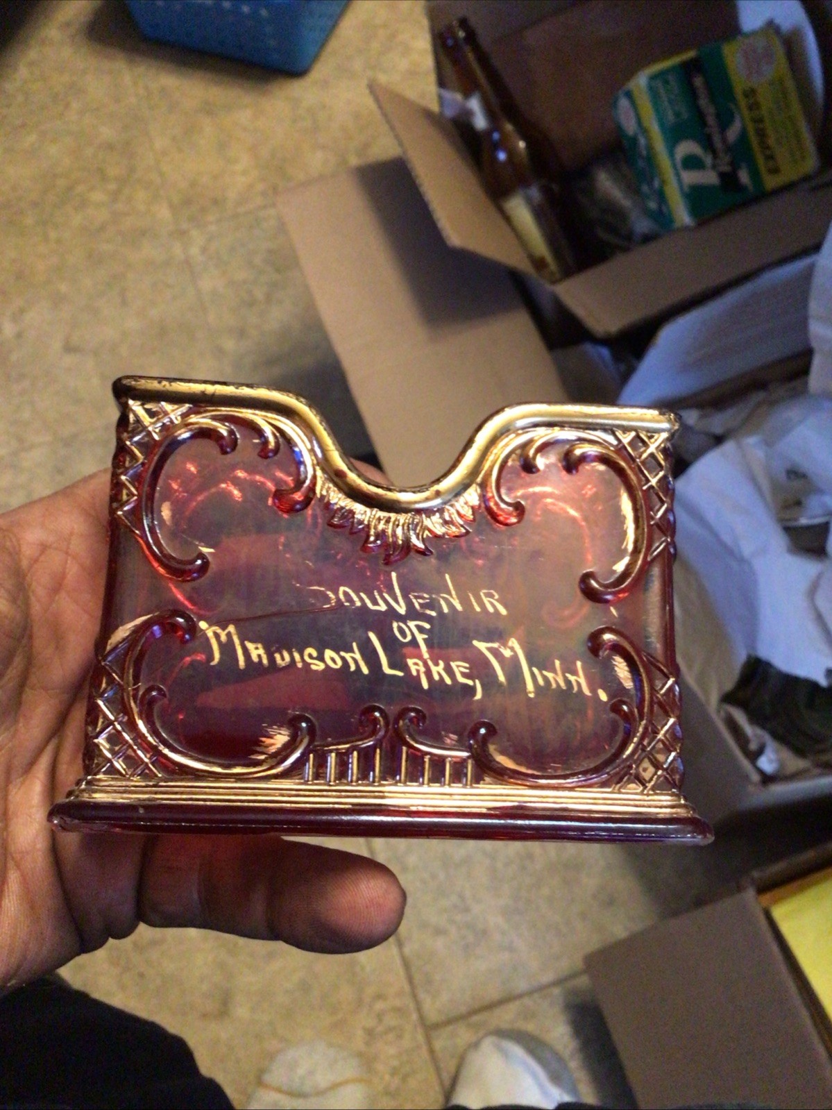 3.25” Tall SOUVENIR MADISON LAKE MINN RUBY FLASH EAPG CARD HOLDER 