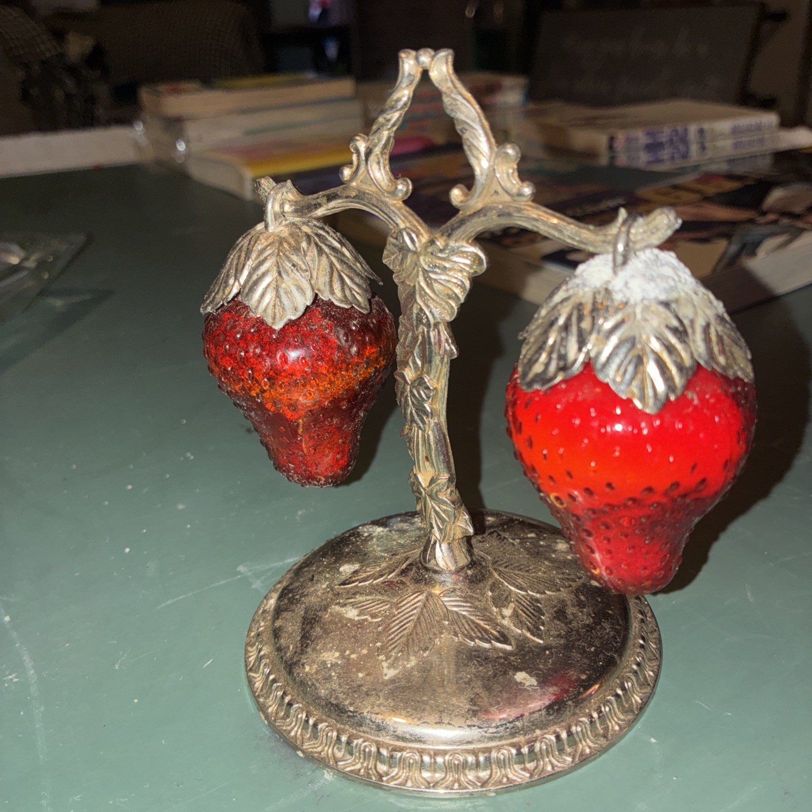 1940s Hanging Ruby Red Glass Strawberries Salt & Pepper Shakers-FreeShpg