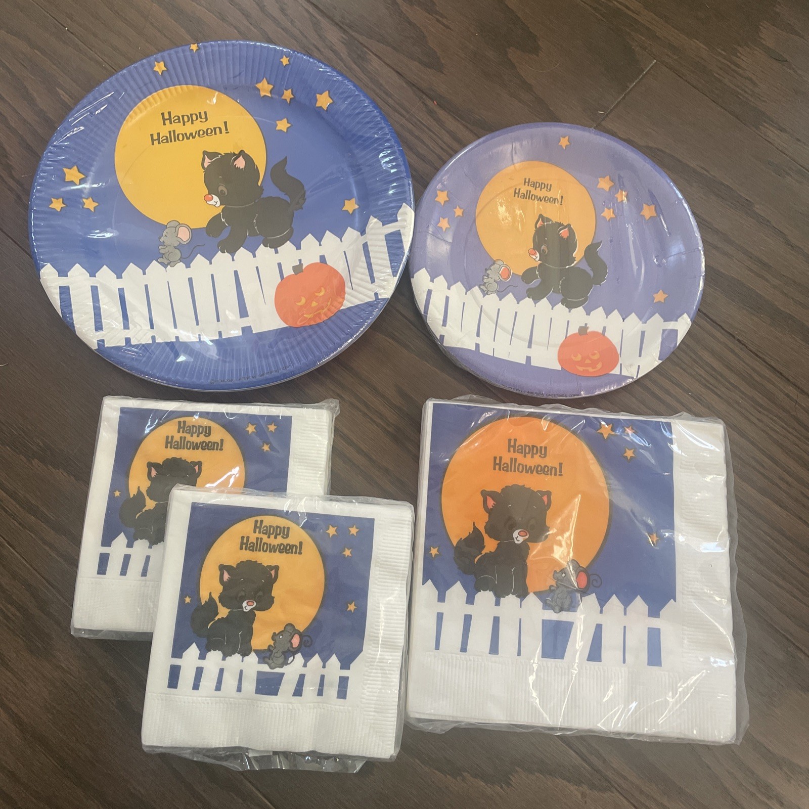Vintage Forget Me Not Halloween Paper Plates Napkins Moon Cat Mouse White Fence