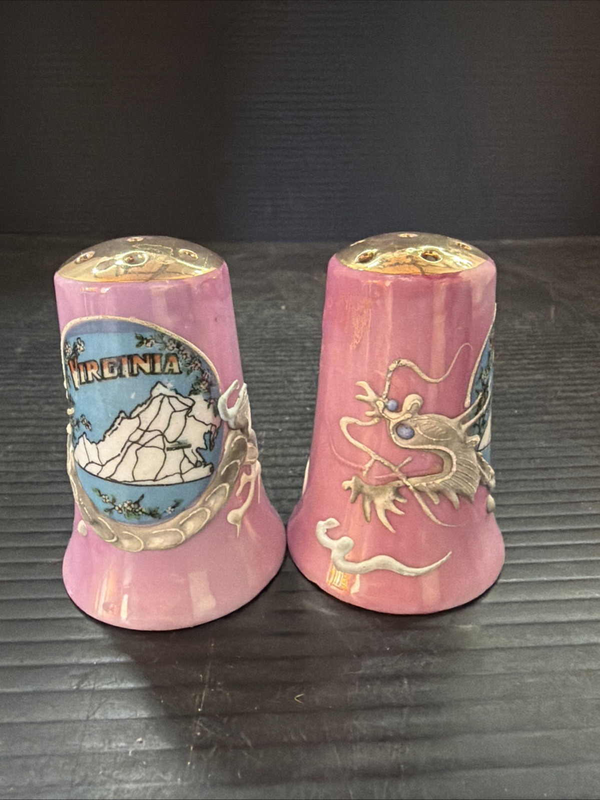 VTG Dragonware Salt Pepper Shakers Pink Gray Moriage Virginia Souvenir VA