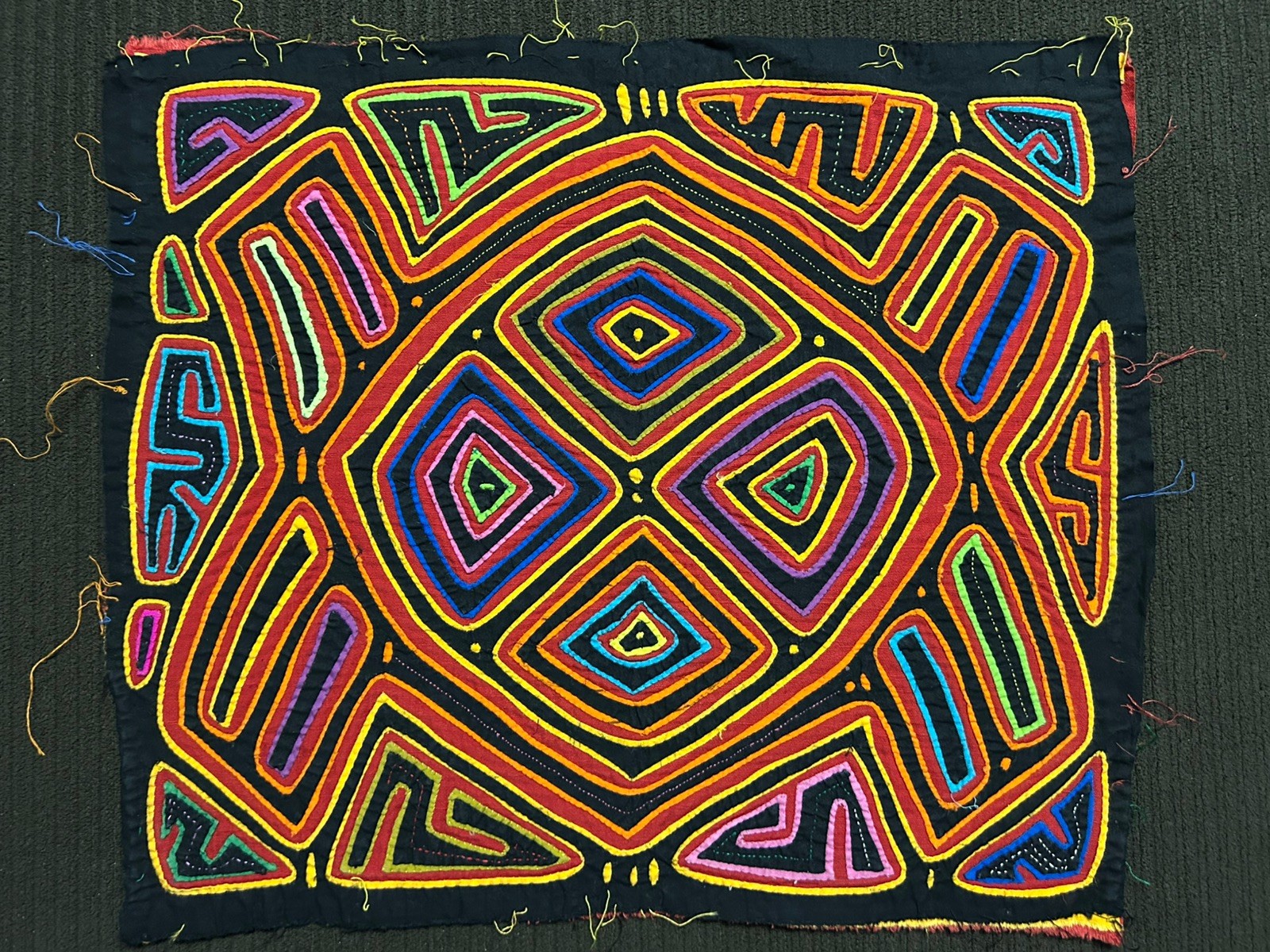 Vintage Kuna Mola Hand Stitched Textile Panel Panama Guna Folk Art Geometric