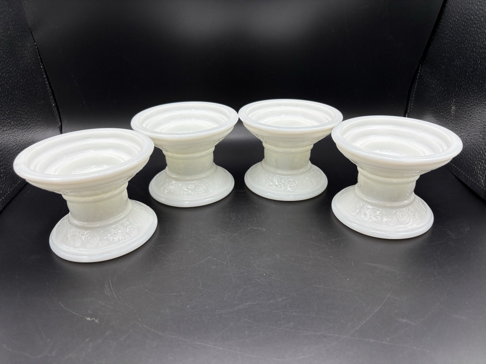 Set Of 4 VTG Milk Glass Candleholder Swirl Pattern Taper Pillar