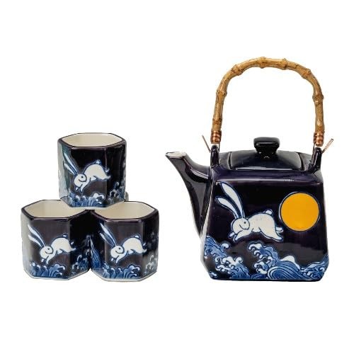 Urban Tokyo Japanese Cube Teapot Set 20oz, Porcelain, 4 Cups, Moon Rabbit Design