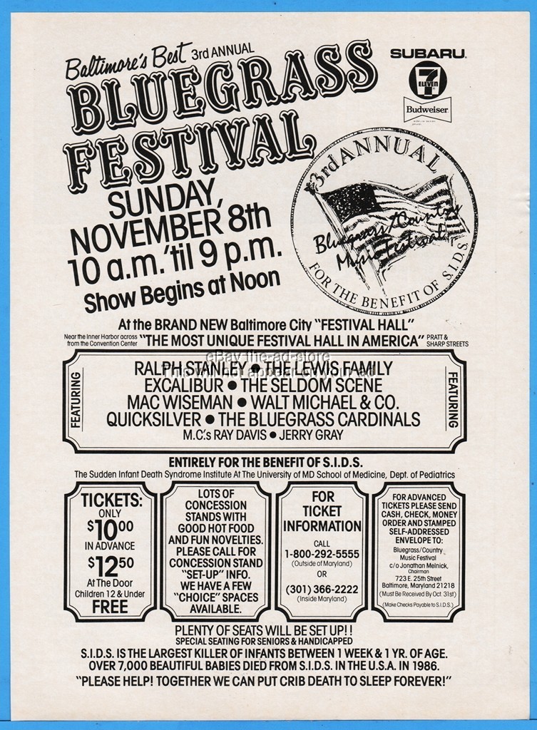 1987 Baltimore MD Bluegrass Festival Ralph Stanley Lewis Family Excalibur Ad