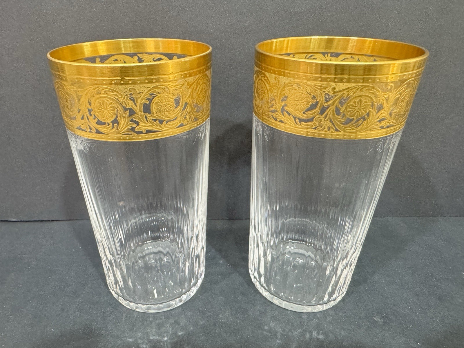 PAIR St. Louis Thistle 24k Gold Encrusted Highball Glasses PERFECT Retail $1,230