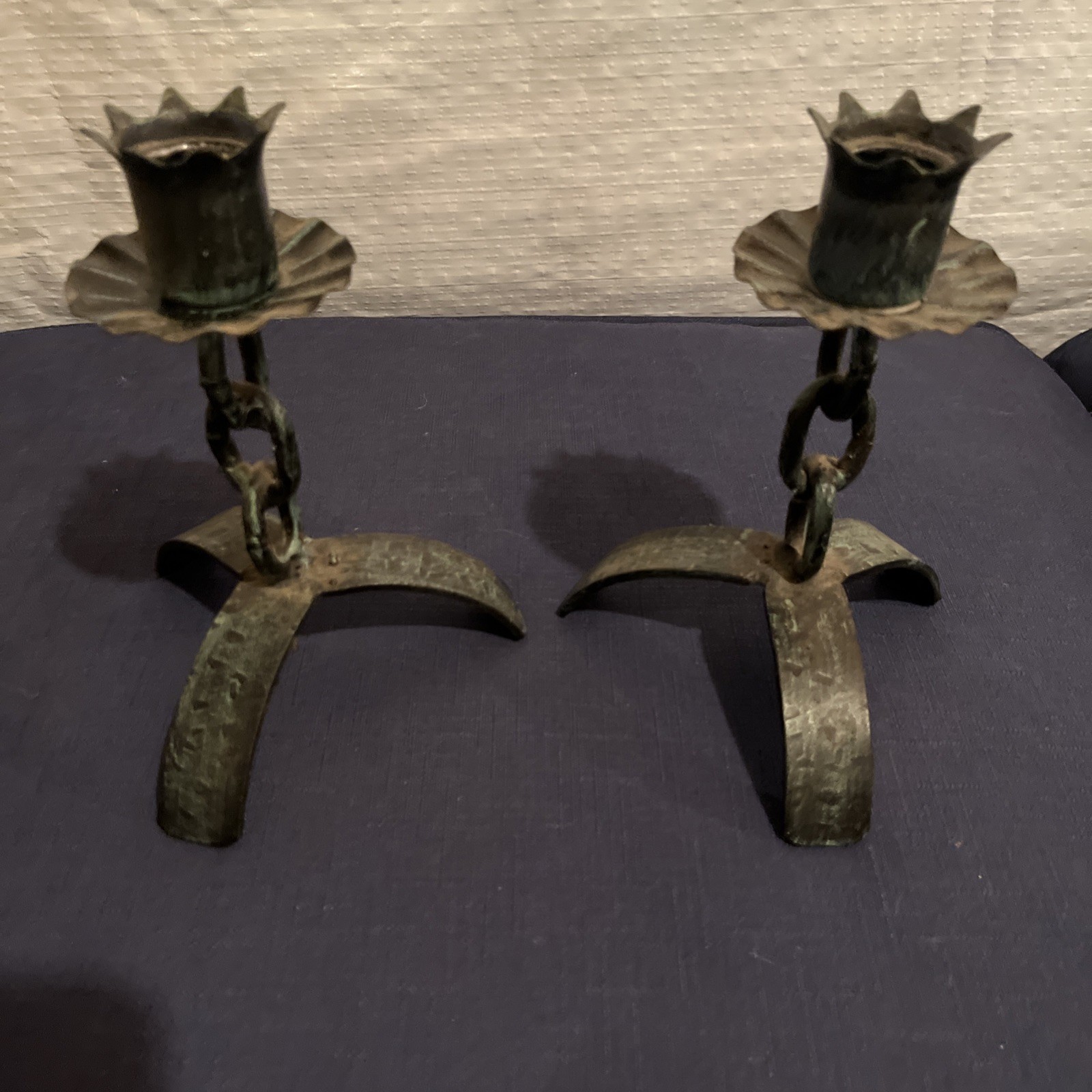 Vtg Brutalist-Style Blue/Green Welded Iron Chain Candlestick Holders