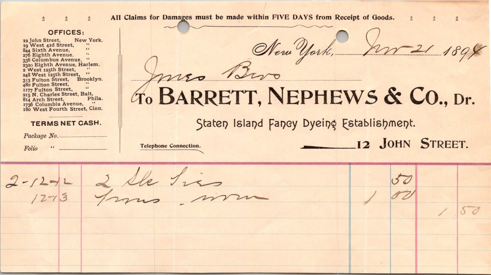 1894 BARRETT NEPHEWS CO DEALER STATEN ISLAND FANCY DYEING ESTABISHMENT NEW YORK