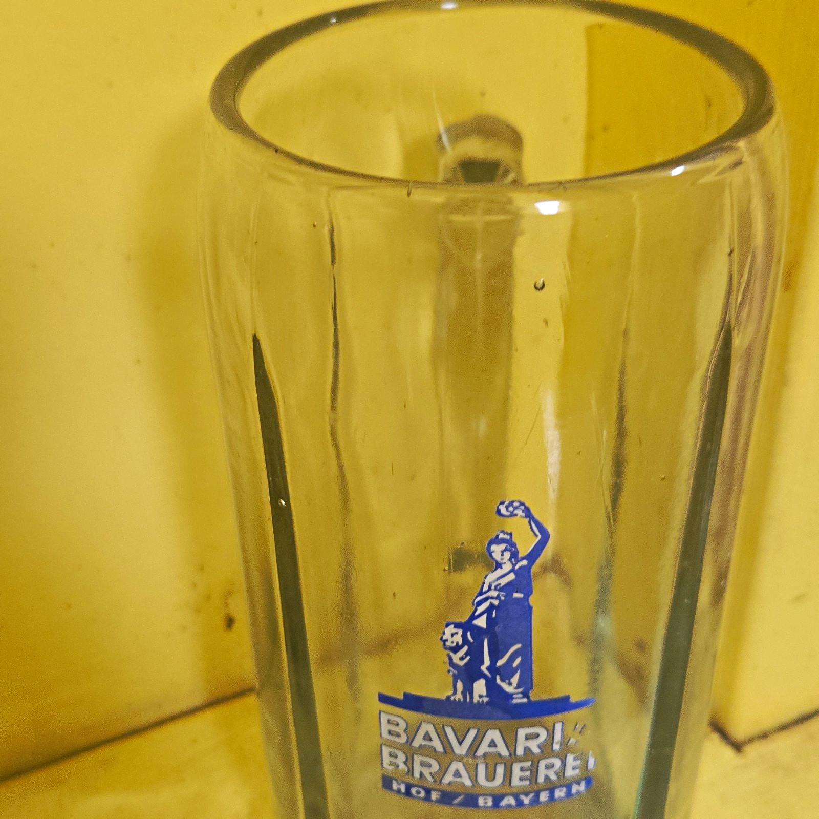 Bavari Brauerei Clear Glass Beer Stein Mug w/ Handle Blue Logo Hof/Bayern