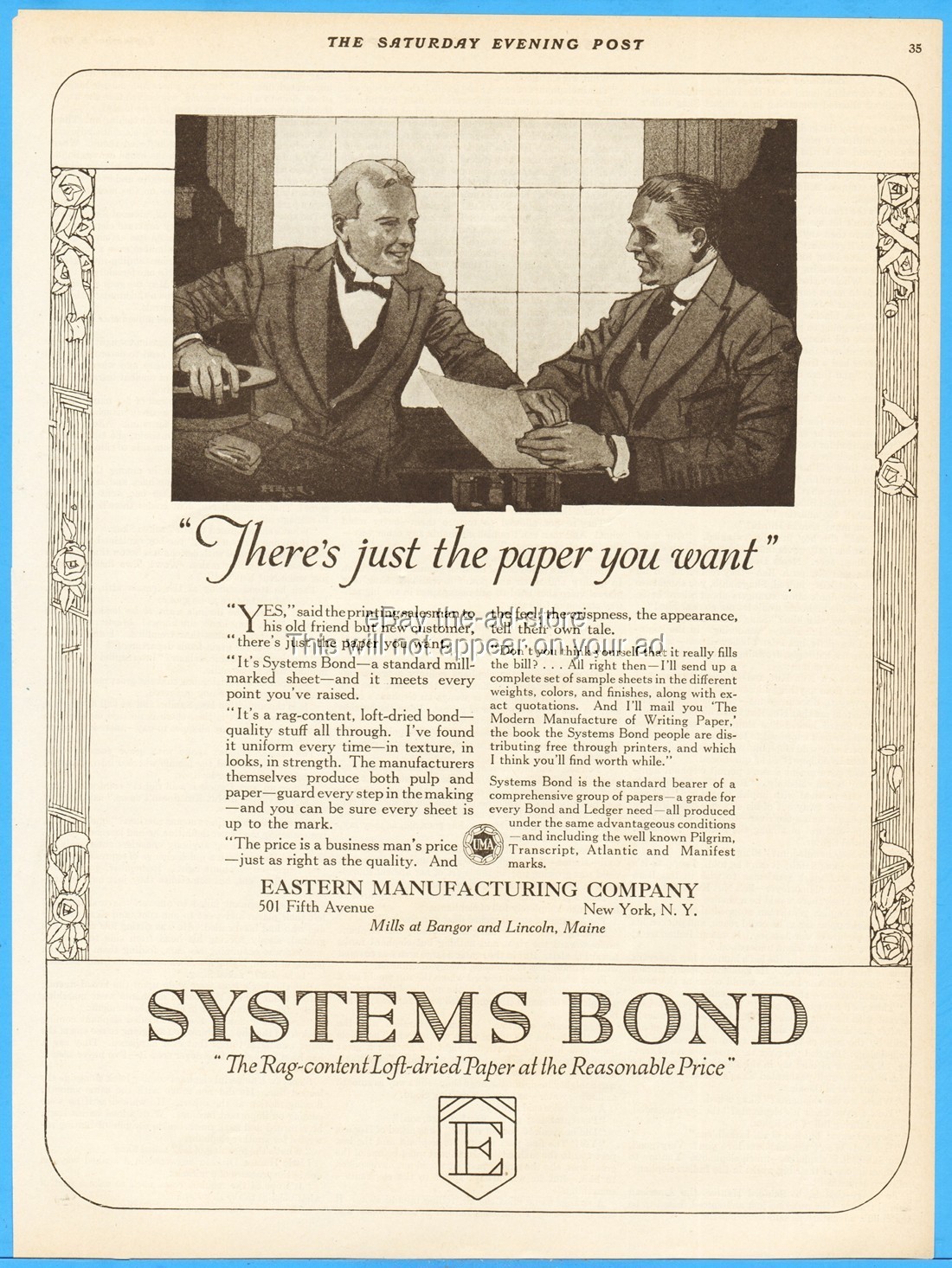 1919 Eastern Manufacturing Co Bangor & Lincoln ME Paper Mill System Bond Ad