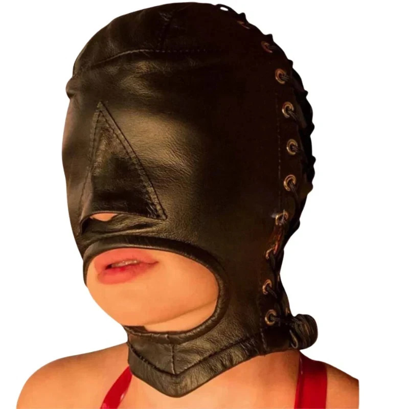 Leather Open Mouth Hood Lace-Up Sensory Deprivation Mask Custom Made