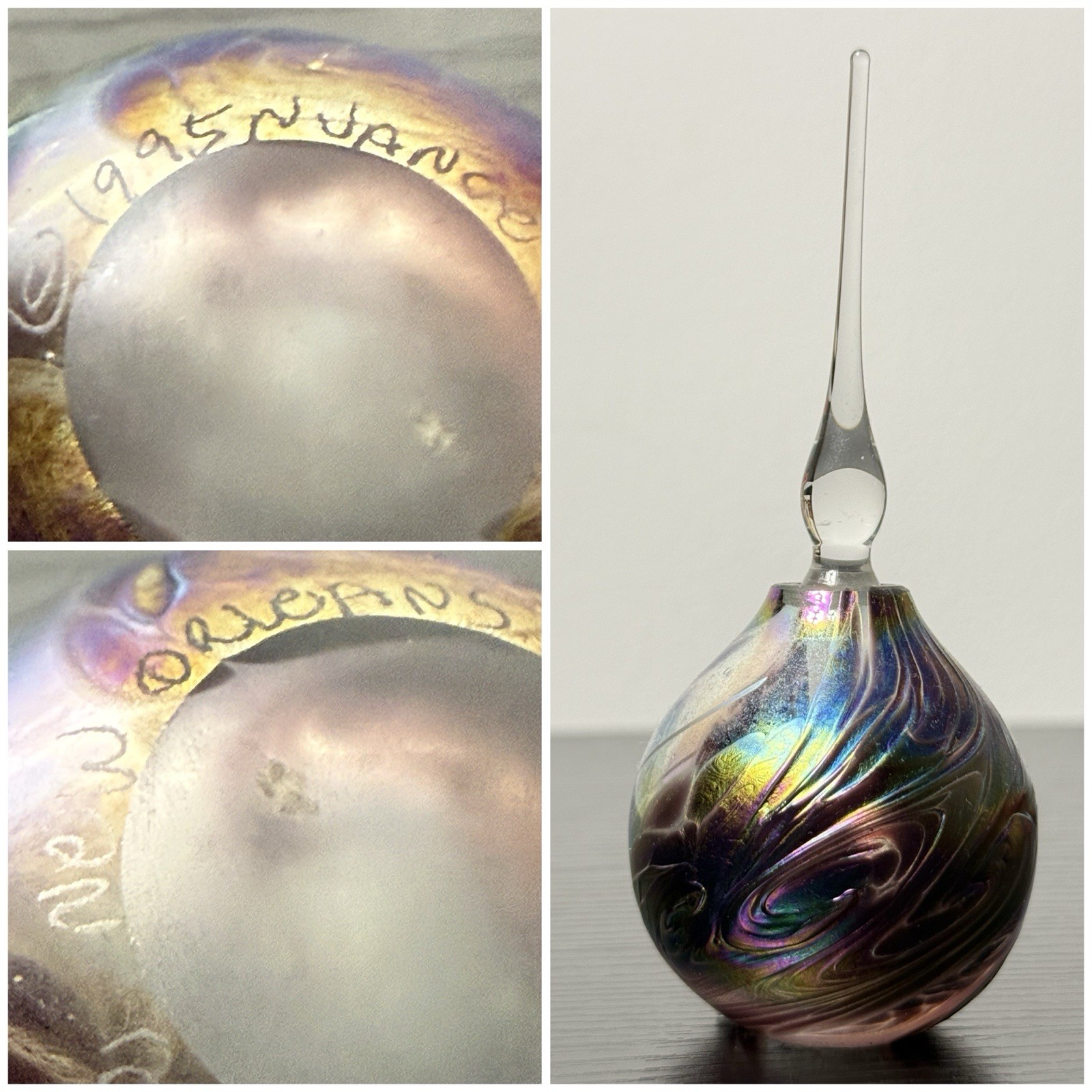 1998 N Vance New Orleans Nuance Studio Art Glass Iridescent Swirl Perfume Bottle