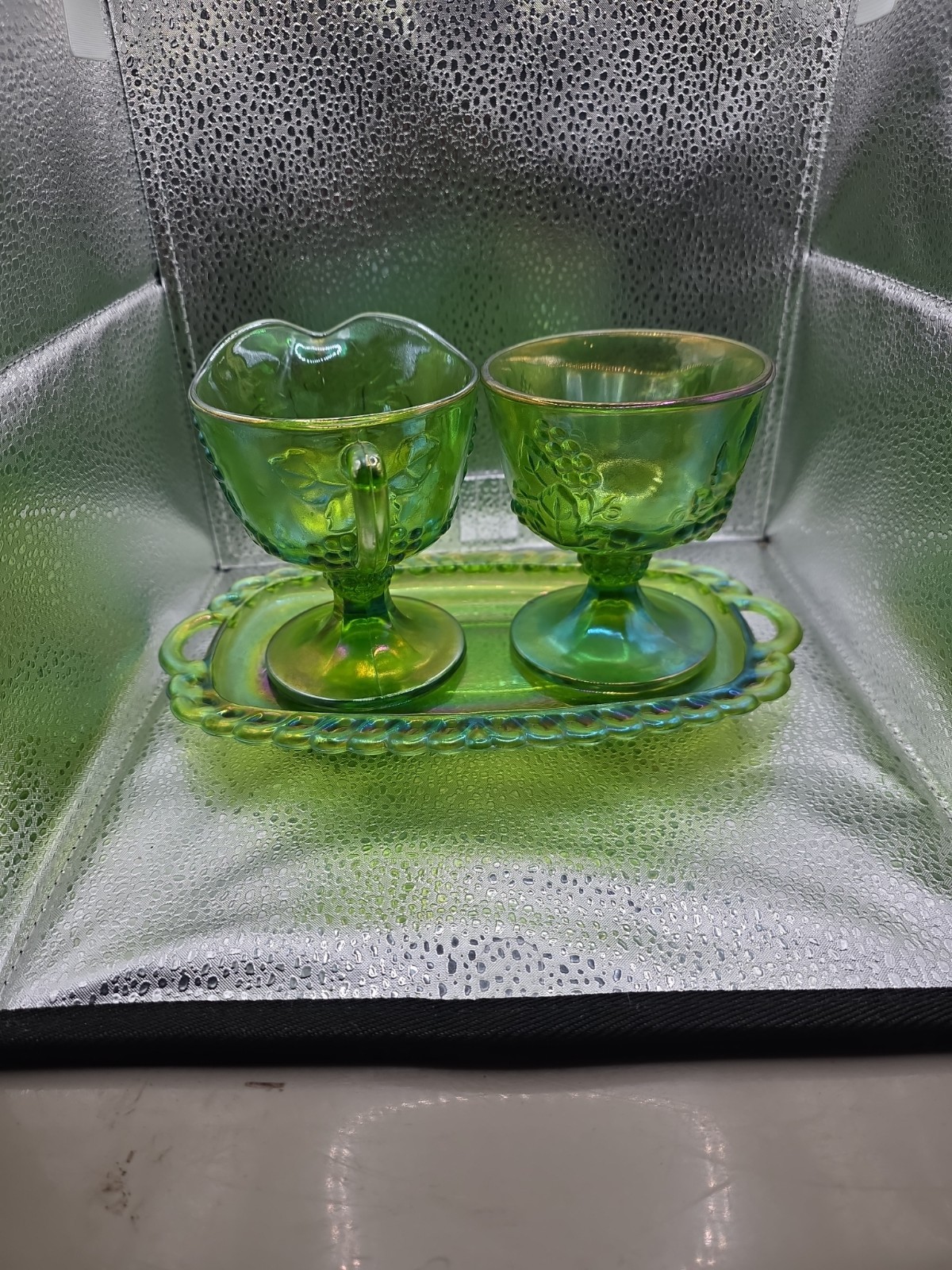 Indiana Glass Harvest Grape Iridescent Lime Carnival Glass Cream Sugar & Tray