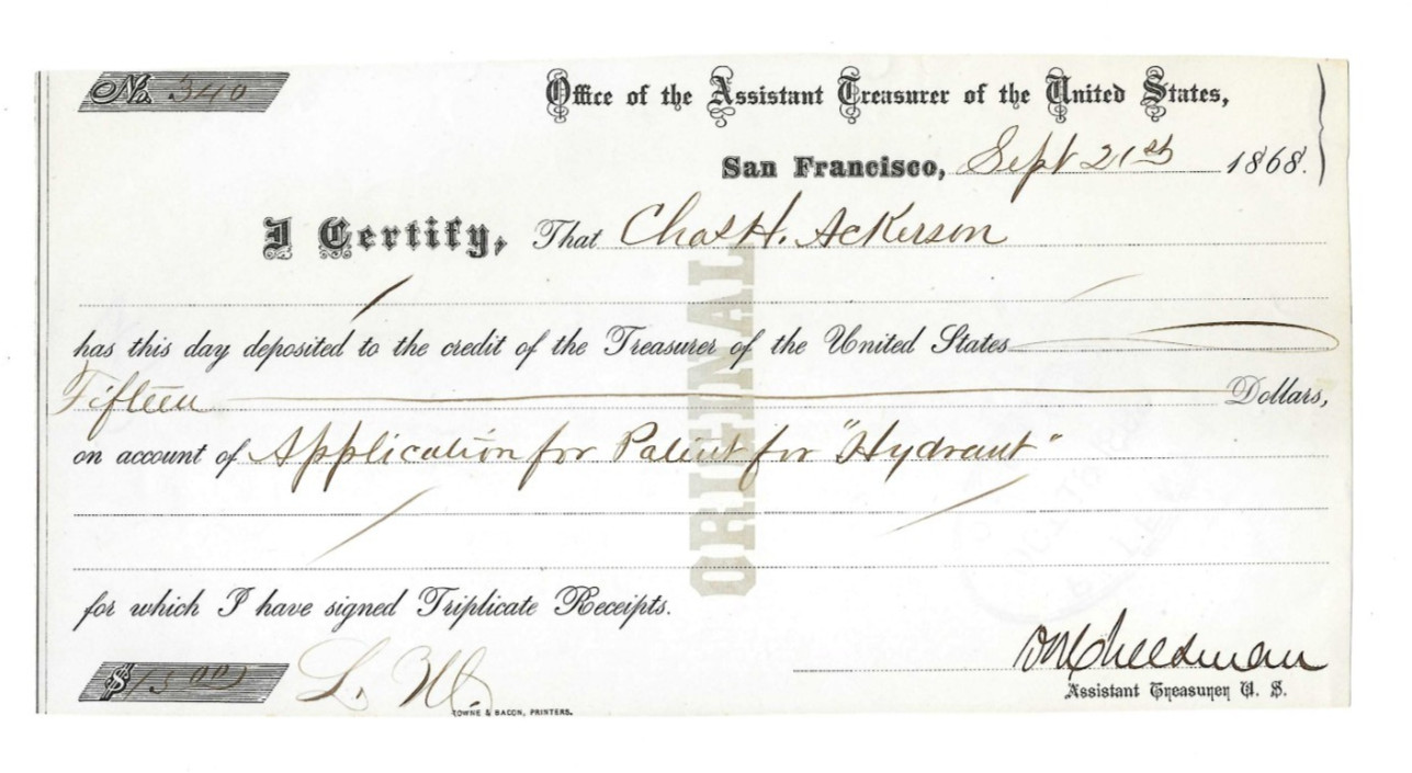 1868 Patent Application Payment Receipt San Francisco for HYDRANT D-75