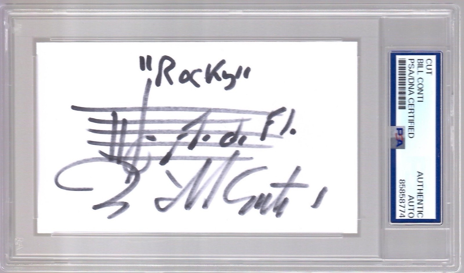 BILL CONTI HAND SIGNED 3x5 CARD WITH LINE OF MUSIC FROM ROCKY        PSA SLABBED