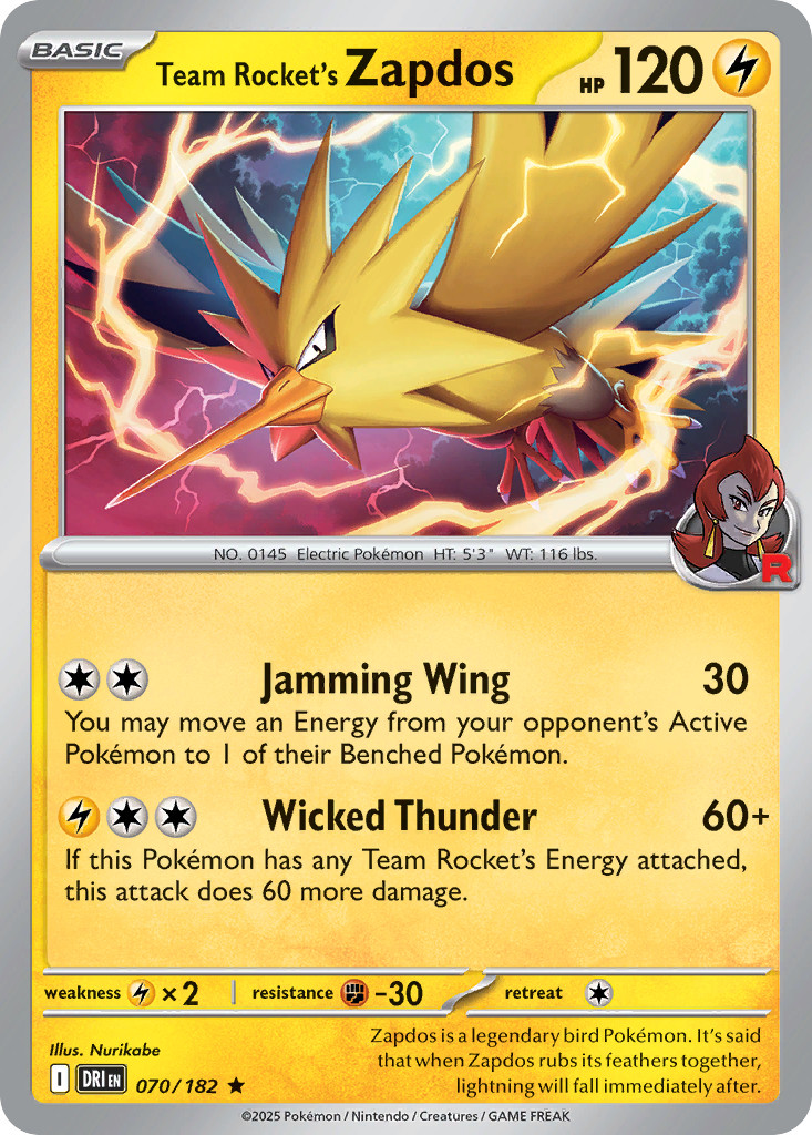 TEAM ROCKET'S ZAPDOS R REVERSE HOLO 070/182 DESTINED RIVALS POKEMON NM/M