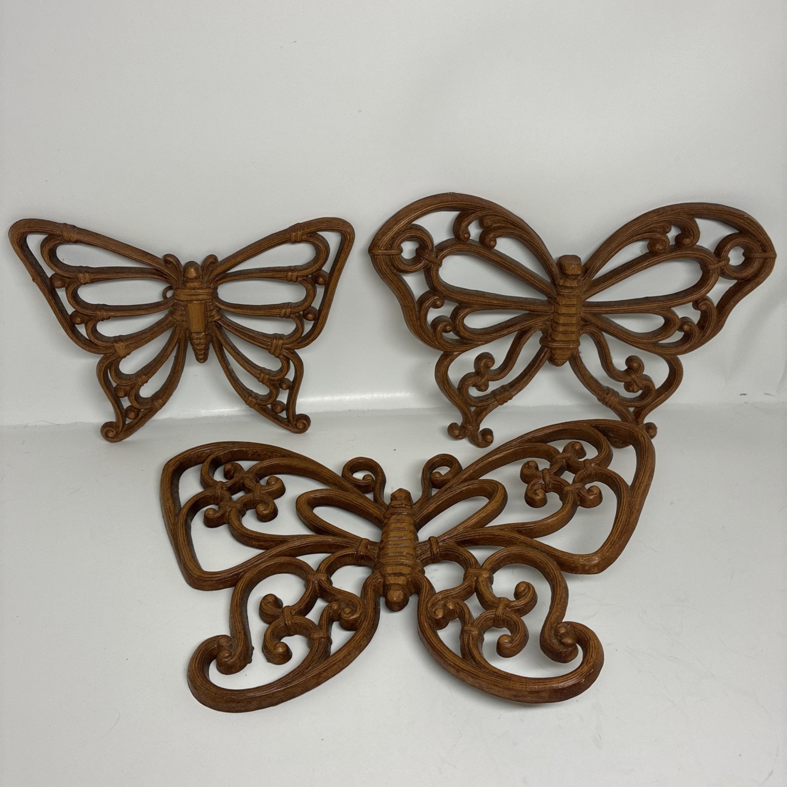Vintage Homco 7537 SYROCO Butterfly Faux Wood Wicker Wall Decor Set Of 3