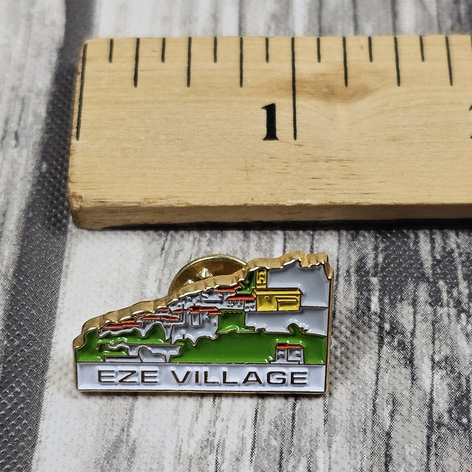 Vintage 80s Eze Village France Scenic Lapel Badge Souvenir Gold Tone Travel