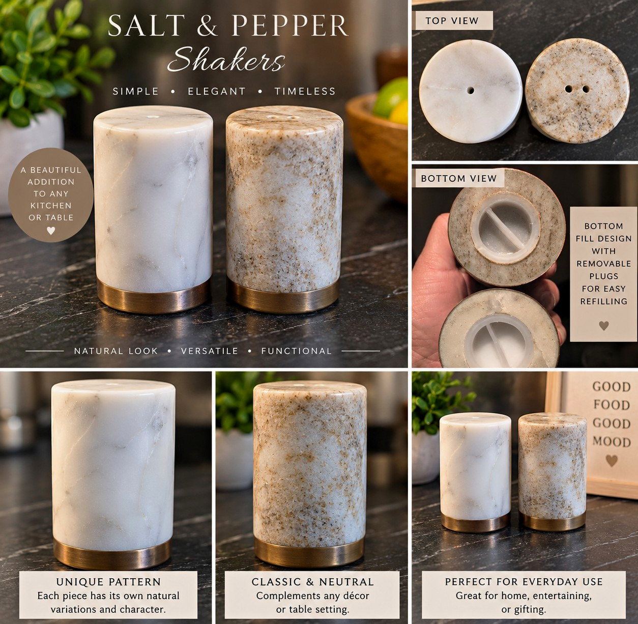 Marble Stone Salt Pepper Shakers Set White Gray Brass Tone Modern Kitchen Decor