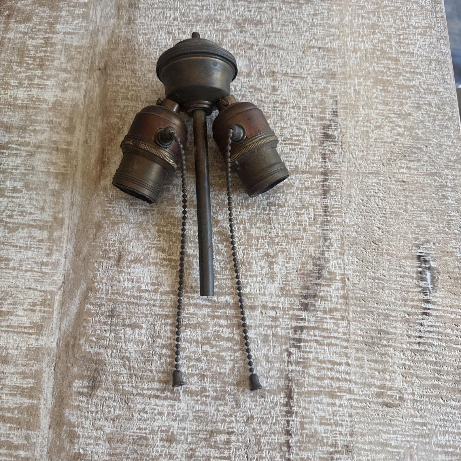 Antique Brass Copper Double Cluster Sockets for Lamps w Bell Pulls