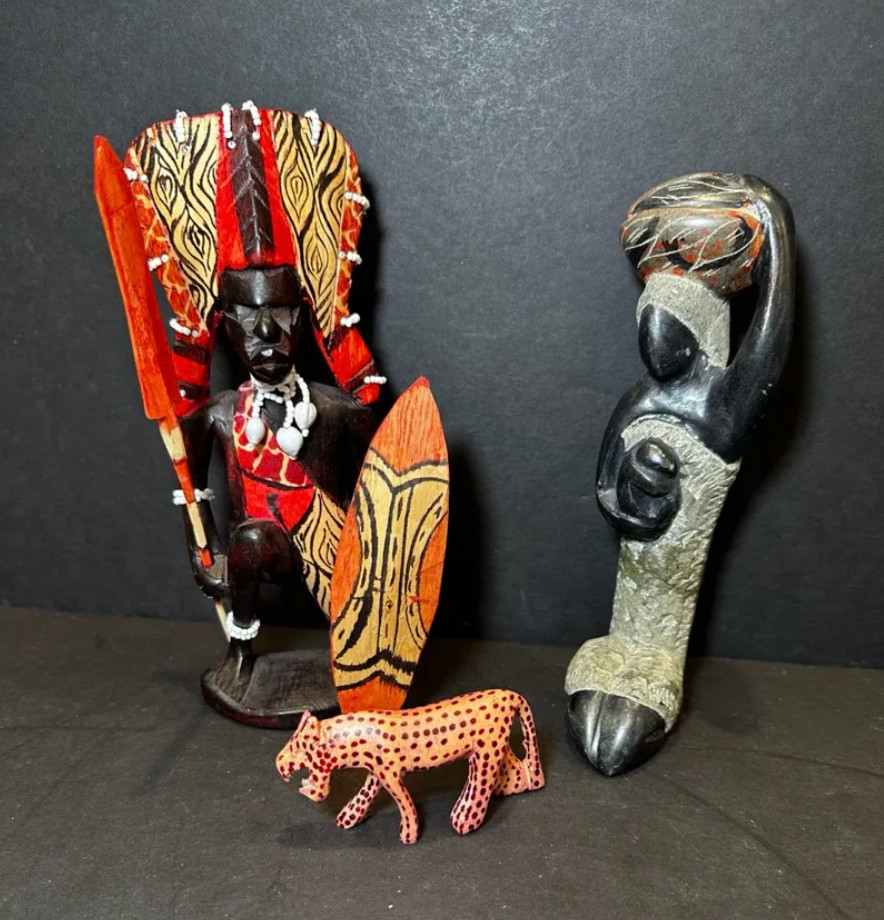 Vintage African Folk Art Lot Hand Carved Kenyan Wooden Warrior, Soapstone Shona