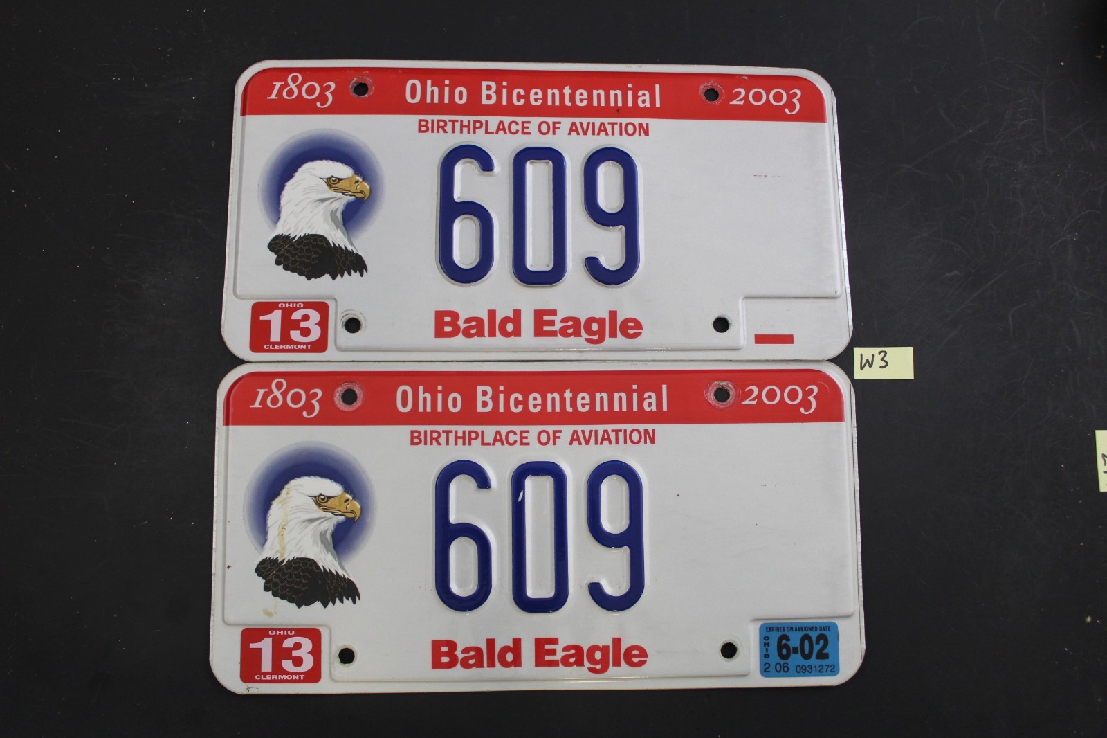 2003 - OHIO BICENTENNIAL BALD EAGLE LICENSE PLATE - PAIR - 609  (W3